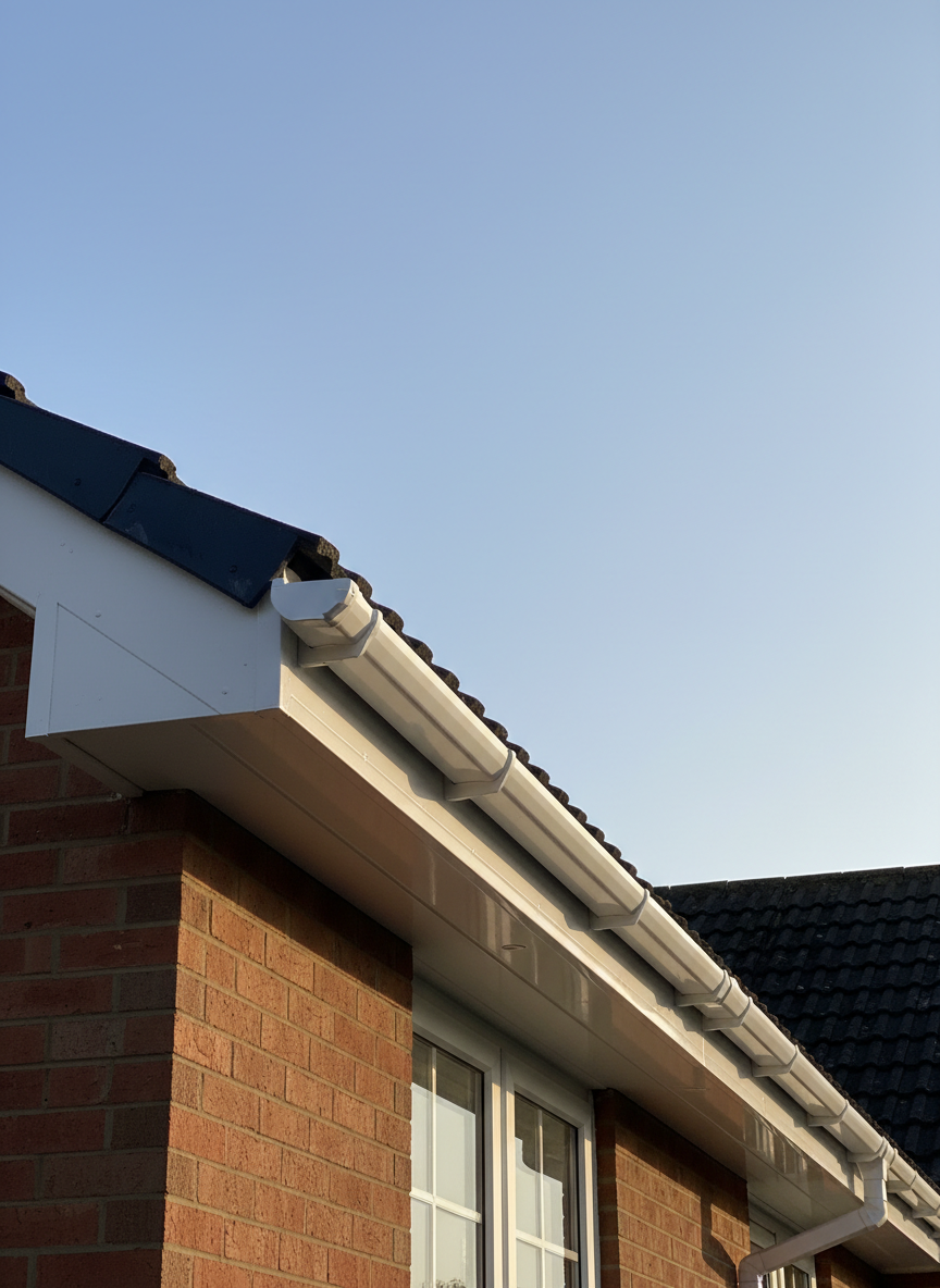 A wide, photographic realism view of a detached house exterior showing immaculate, freshly cleaned white uPVC gutters, soffits, and fascia boards running along the roofline. The surfaces appear bright, smooth, and streak-free, contrasting against a clean red brick wall and dark grey roof tiles. Captured from a low-angle perspective to emphasize the full run of the guttering, with a clear, pale blue sky in the background. Soft afternoon sunlight creates subtle highlights along the gutter edges and gentle shadows beneath the soffits, giving depth and dimension. The composition uses the rule of thirds, with the roofline diagonally crossing the frame, conveying a highly professional, reliable exterior cleaning result.
