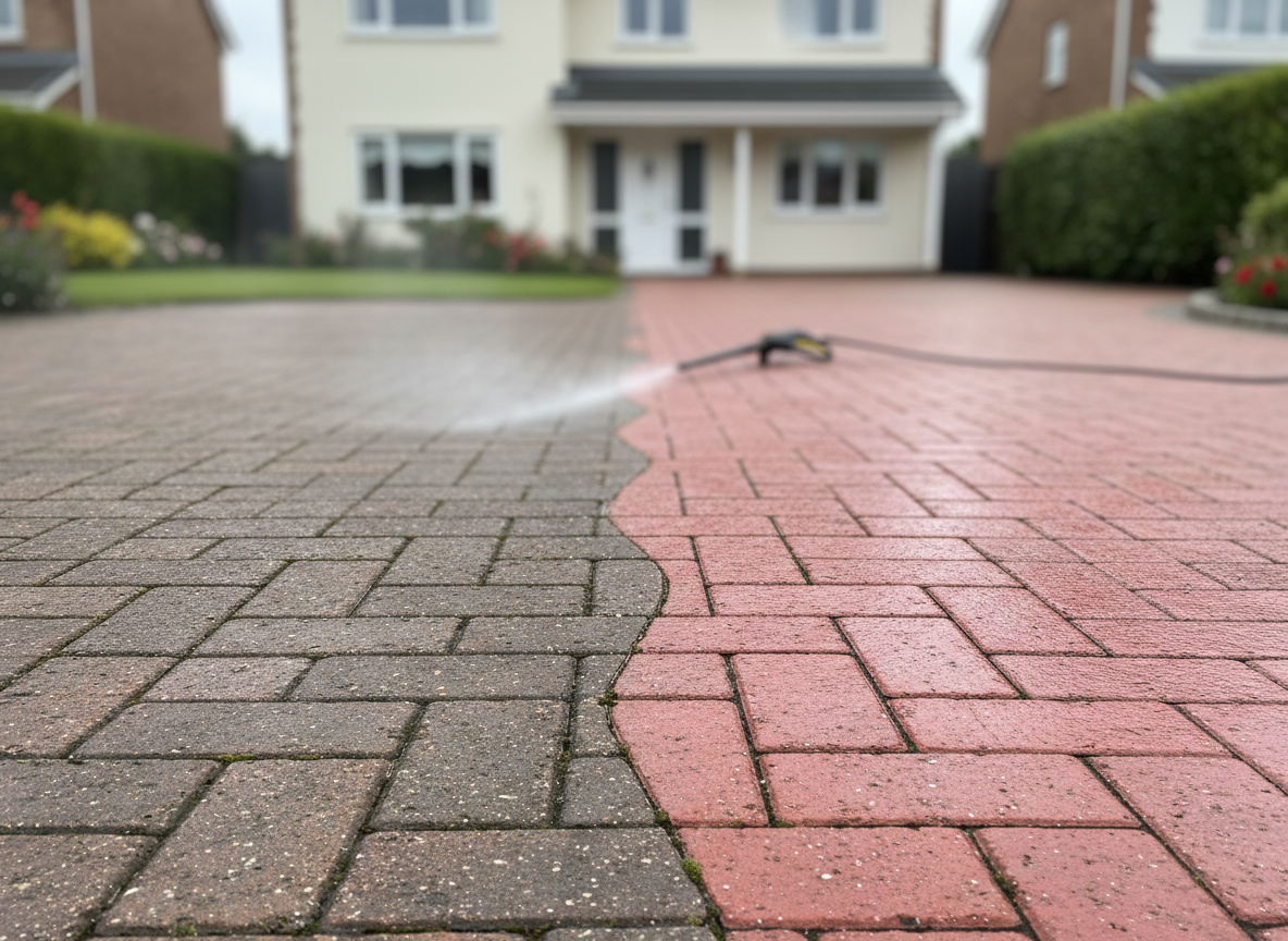 A pristine modern brick driveway, half covered in dull, weathered grime and the other half freshly pressure washed to a vivid, clean red, forming a dramatic side-by-side contrast. The driveway leads up to a well-kept suburban home exterior with white uPVC windows and a neat lawn, softly blurred in the background. Captured at eye level in photographic realism, with bright but diffused overcast daylight highlighting the crisp boundary line between dirty and clean. Fine droplets of water sparkle on the freshly washed surface, with gentle shadows adding depth. The composition is centered on the transformation, creating a professional, trustworthy, and highly satisfying before-and-after effect.