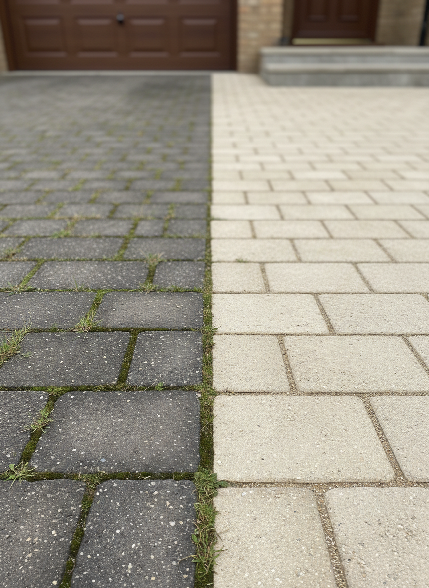 A detailed close-up of a section of neglected block paving driveway transitioning into a freshly restored surface after professional exterior cleaning. On one side, darkened, weed-filled joints and ingrained dirt dominate the blocks, while the other side shows bright, even-colored bricks with re-sanded joints and no vegetation. Shot in photographic realism from a low angle, the camera follows the line of transformation into the distance, with a softly blurred garage door and front step in the background. Soft overcast daylight provides even illumination, enhancing texture without harsh reflections. The composition emphasizes precision and thoroughness, conveying a trustworthy, meticulous pressure washing and exterior cleaning service.