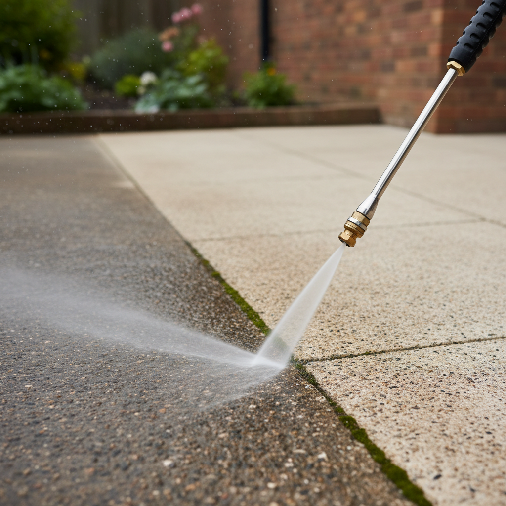 A close-up, photographic realism shot of a high-quality pressure washer lance angled toward a textured concrete patio, sending a precise, powerful fan of water across embedded dirt and moss. The nozzle and stainless steel fittings appear crisp and clean, with tiny droplets frozen mid-air. The patio surface transitions from dark and stained to a lighter, freshly cleaned tone within the same frame. Captured from a slightly elevated angle with shallow depth of field, the background shows a softly blurred, tidy garden border and a section of red brick wall. Natural daylight from an overcast sky creates even, professional lighting with no harsh shadows, emphasizing clarity and professional service.