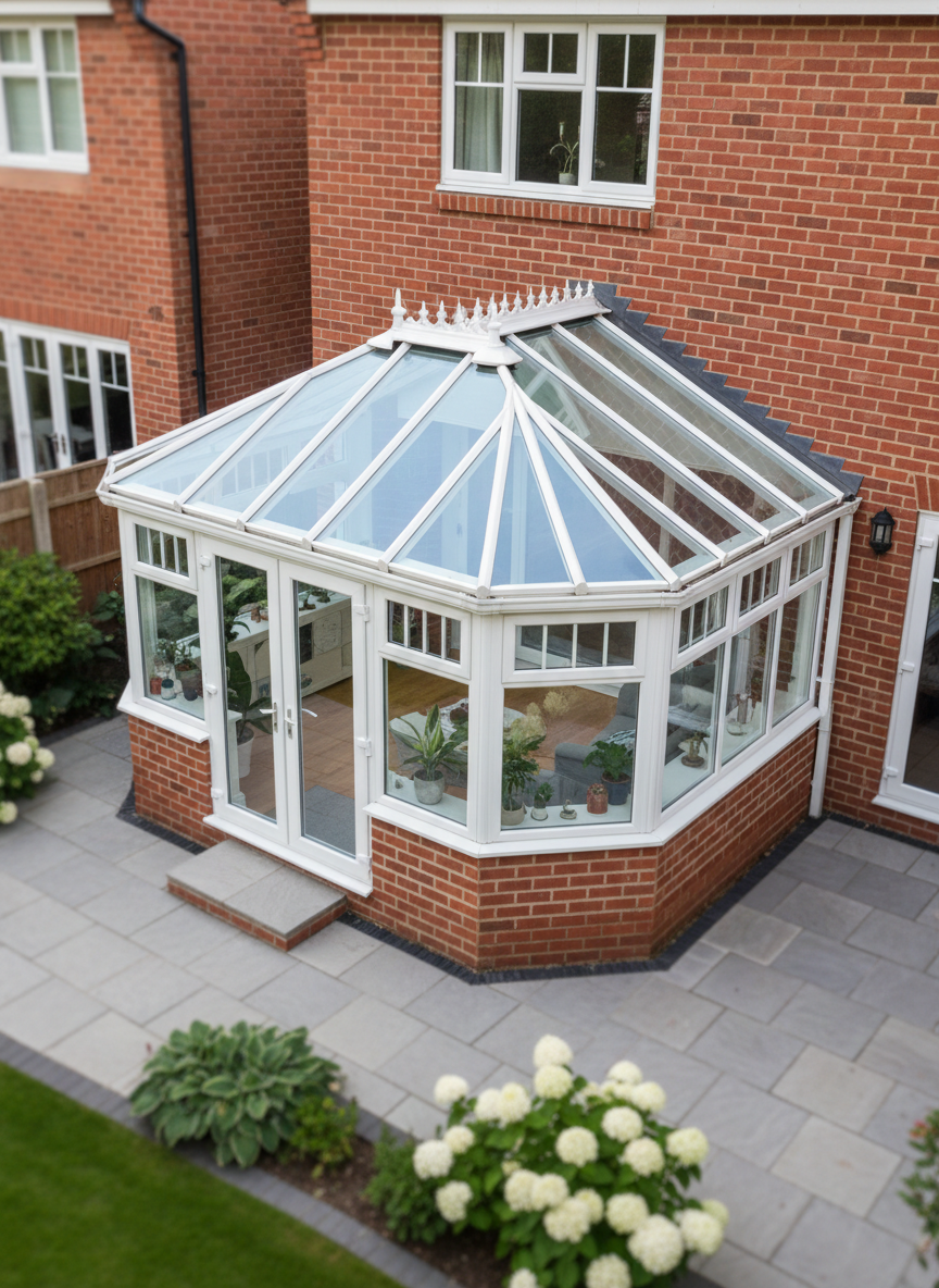 A conservatory with a complex pitched glass roof attached to the rear of a brick home, shown after a thorough professional clean. Every glass panel appears crystal clear and streak-free, with spotless white uPVC frames and gleaming finials along the ridge. Captured in photographic realism from a slightly elevated angle, the setting includes a neat, paved patio and manicured garden borders surrounding the structure, softly out of focus. Bright but gentle midday light reflects off the glass without harsh glare, allowing a view through to a tidy interior. The mood is fresh, professional, and inviting, with a clean and modern aesthetic that highlights the quality of conservatory cleaning services.